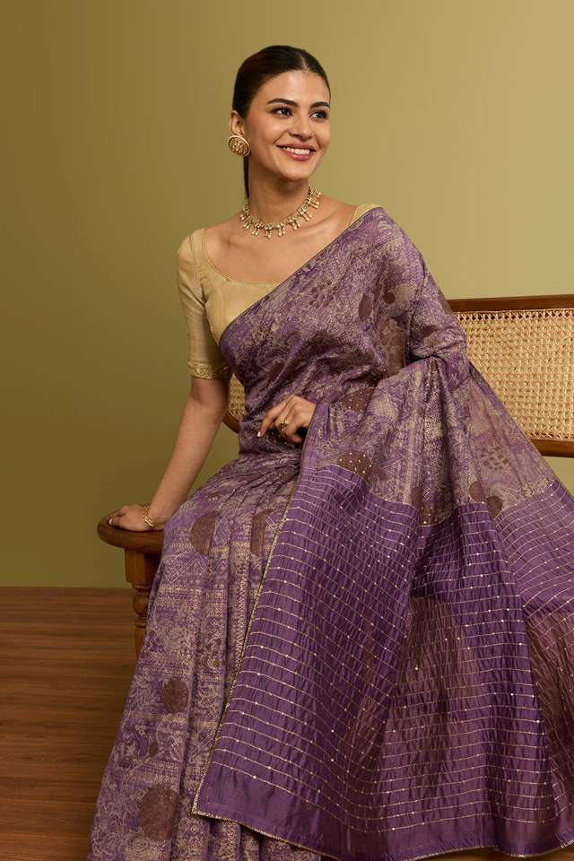 Violet Silk Modal Printed Embroidery Saree image number