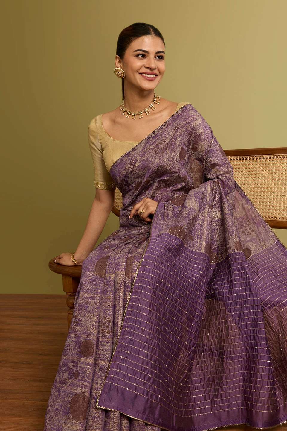 Violet Silk Modal Printed Embroidery Saree