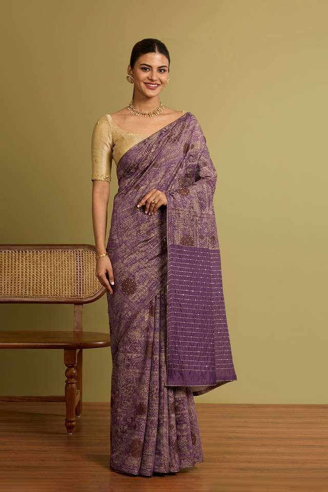 Violet Silk Modal Printed Embroidery Saree thumbnail image number null