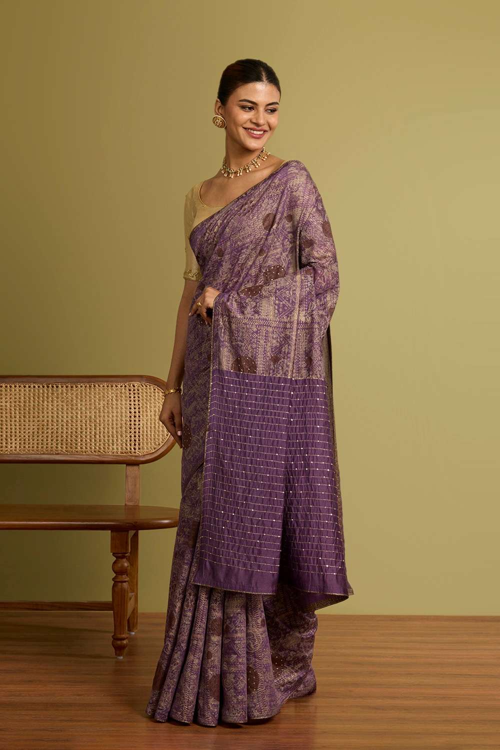 Violet Silk Modal Printed Embroidery Saree image number null