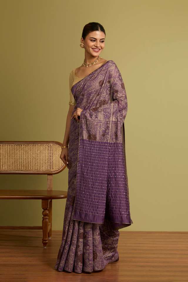 Violet Silk Modal Printed Embroidery Saree thumbnail image number null