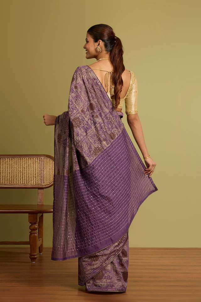 Violet Silk Modal Printed Embroidery Saree thumbnail image number null