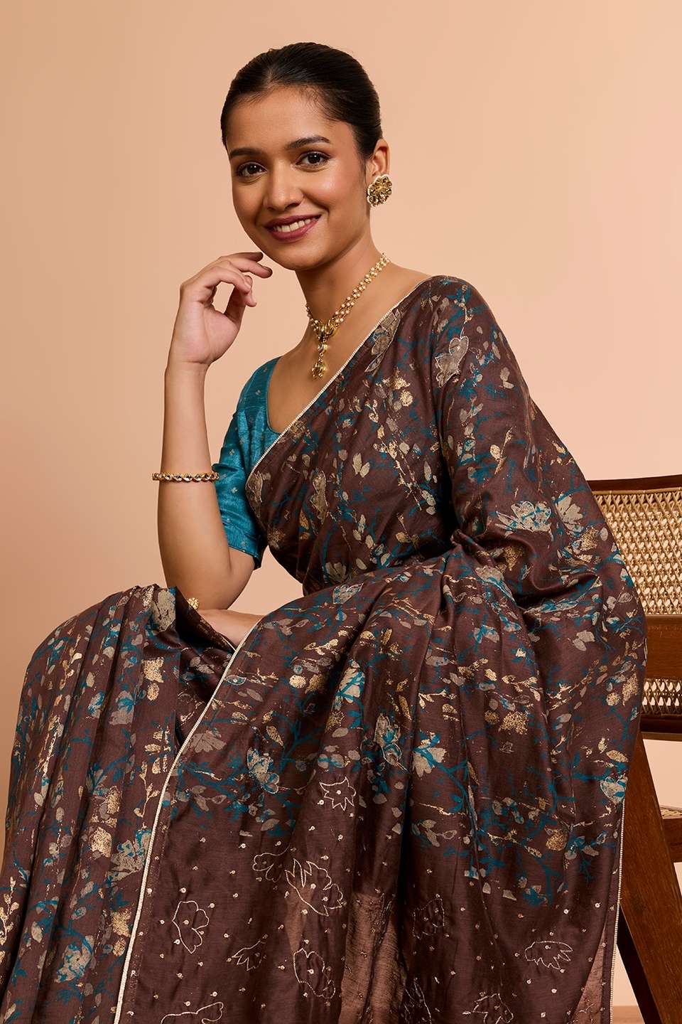 Brown Pure Silk Cotton Embroidered Saree