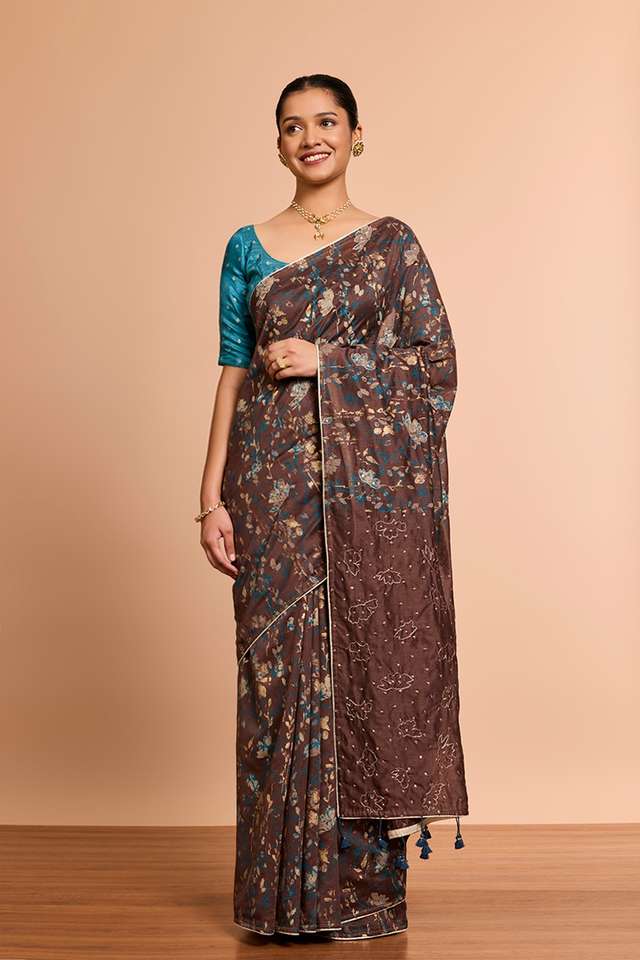 Brown Pure Silk Cotton Embroidered Saree thumbnail image number null
