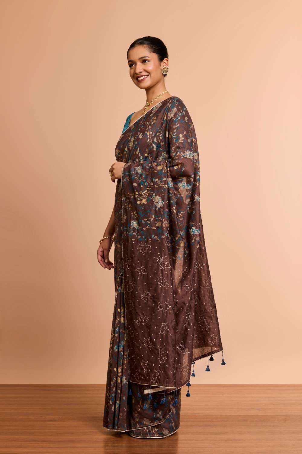 Brown Pure Silk Cotton Embroidered Saree image number null