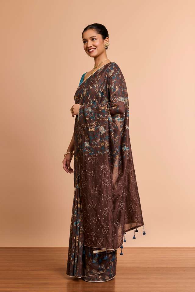 Brown Pure Silk Cotton Embroidered Saree thumbnail image number null