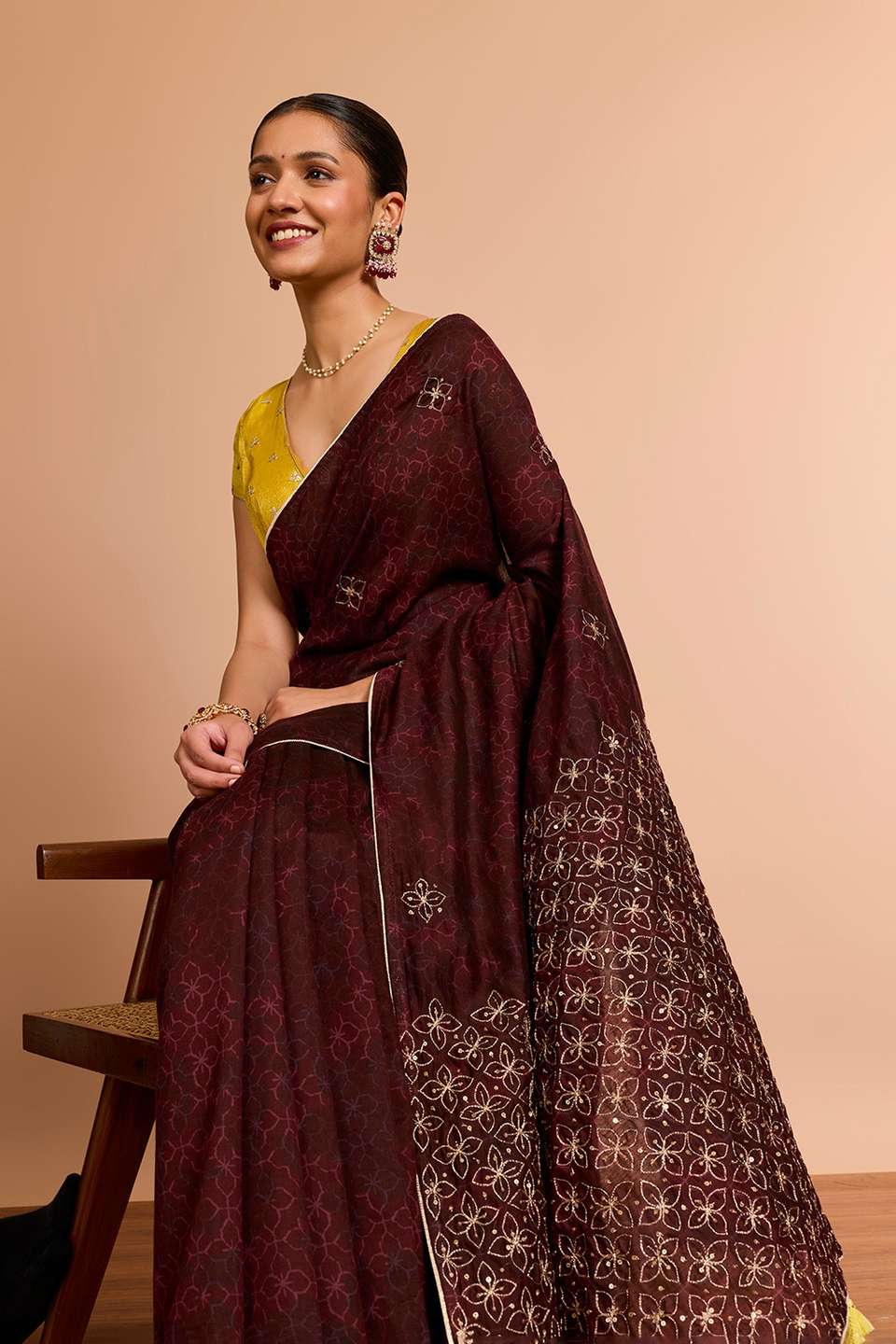 Brown Pure Silk Cotton Printed Embroidered Saree