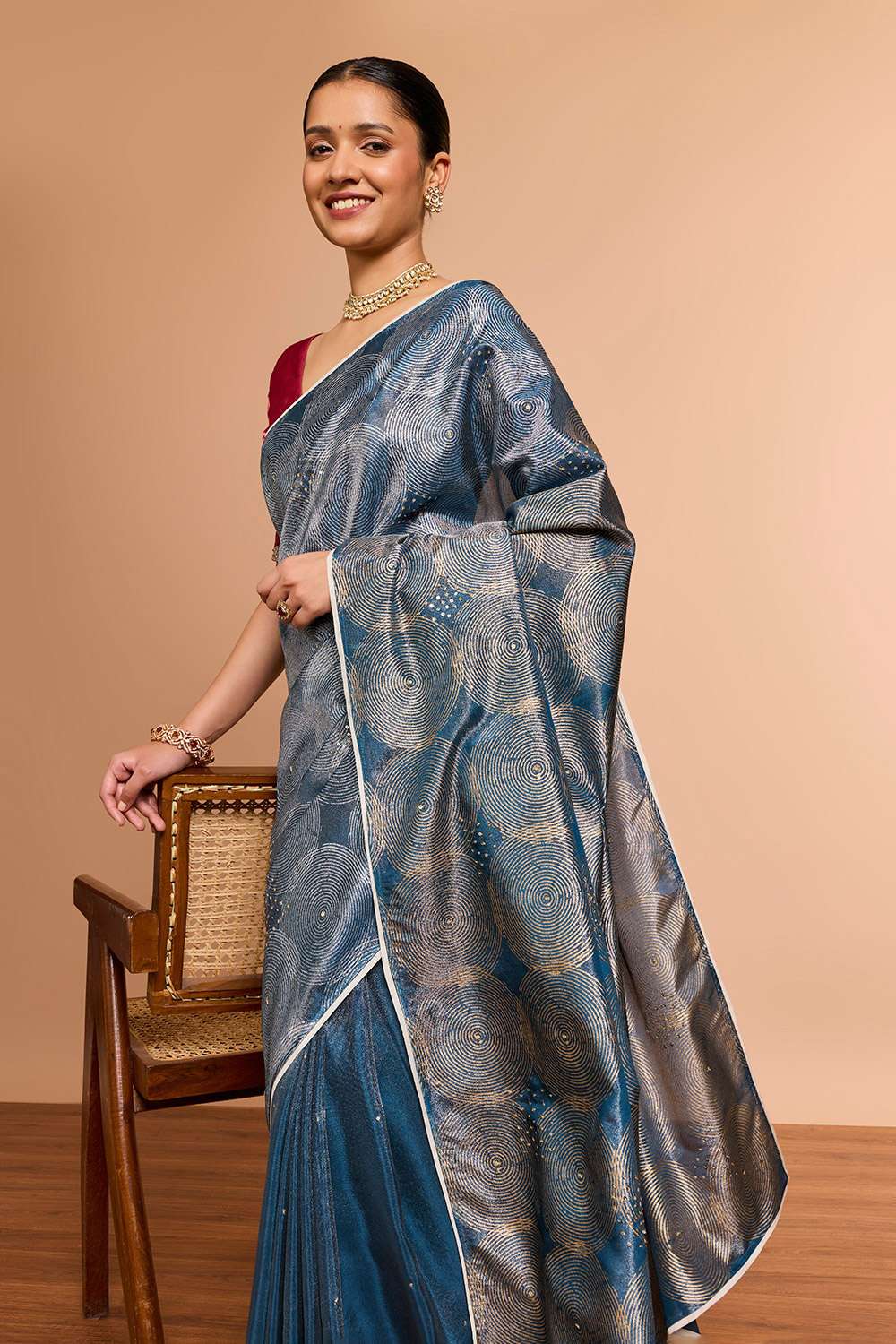 DarkBlue Pure Tissue Organza Printed Embroidered Saree image number null