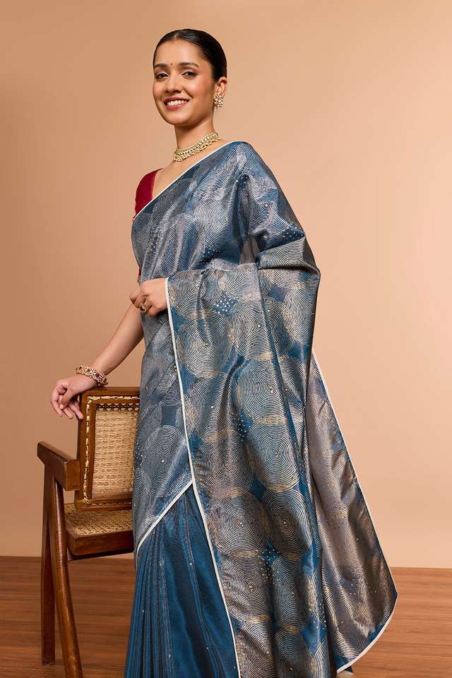 DarkBlue Pure Tissue Organza Printed Embroidered Saree image number