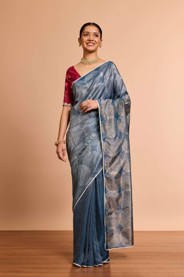 DarkBlue Pure Tissue Organza Printed Embroidered Saree thumbnail image number null