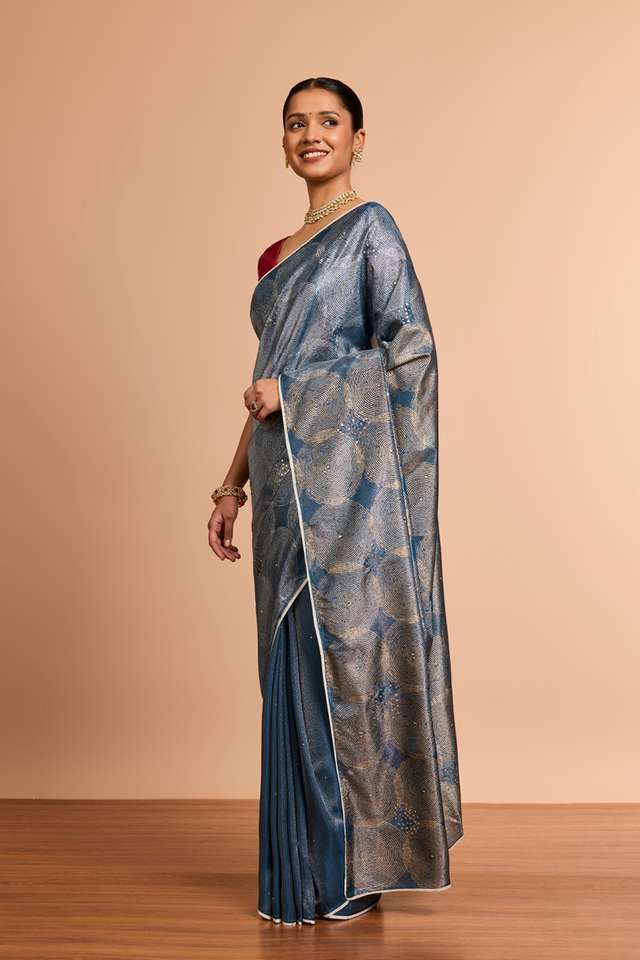 DarkBlue Pure Tissue Organza Printed Embroidered Saree thumbnail image number null