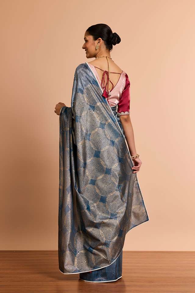 DarkBlue Pure Tissue Organza Printed Embroidered Saree thumbnail image number null