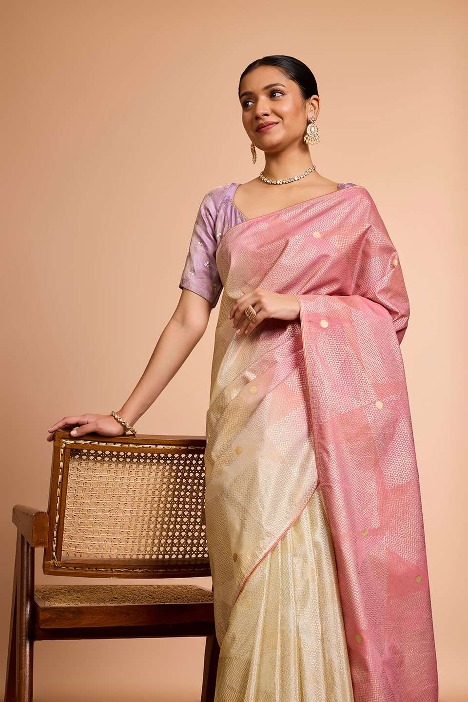 Off White Block Printed Pure Tissue Organza Saree