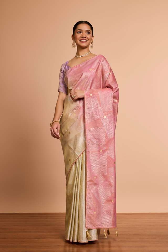 Off White Block Printed Pure Tissue Organza Saree thumbnail image number null