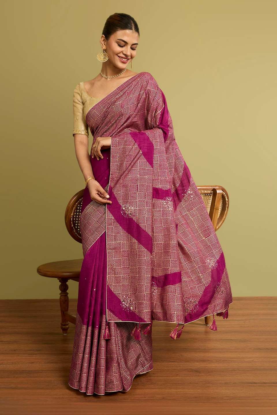 Purple Viscose Embroidered Saree
