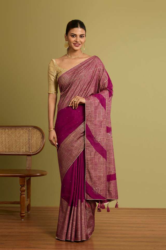 Purple Viscose Embroidered Saree thumbnail image number null