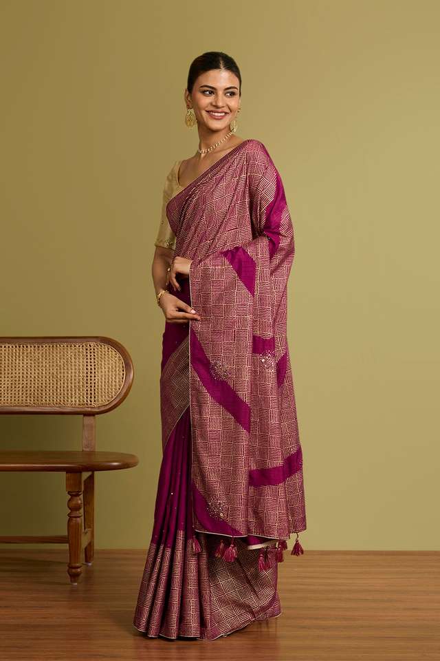 Purple Viscose Embroidered Saree thumbnail image number null