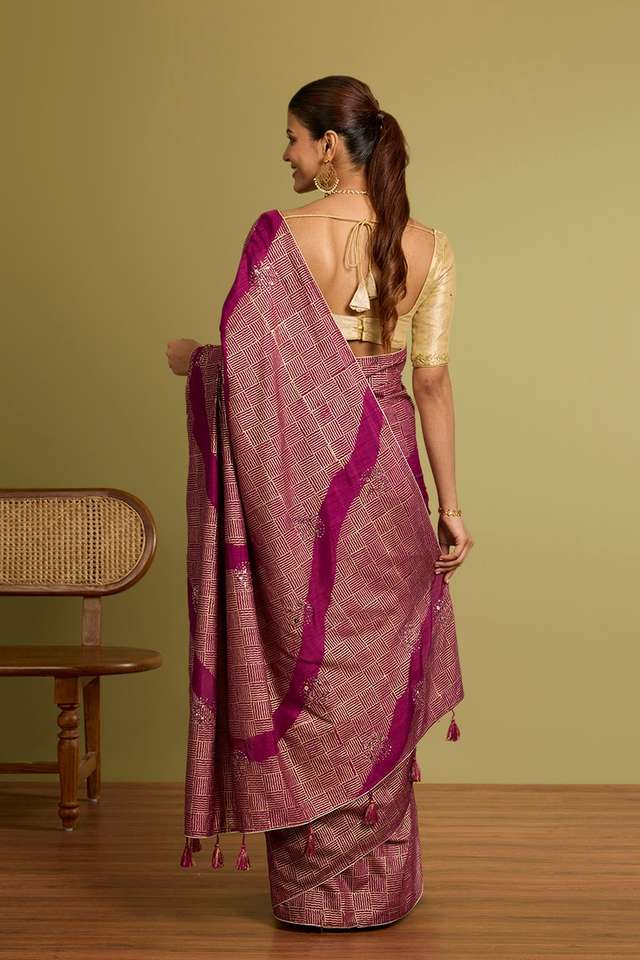 Purple Viscose Embroidered Saree thumbnail image number null