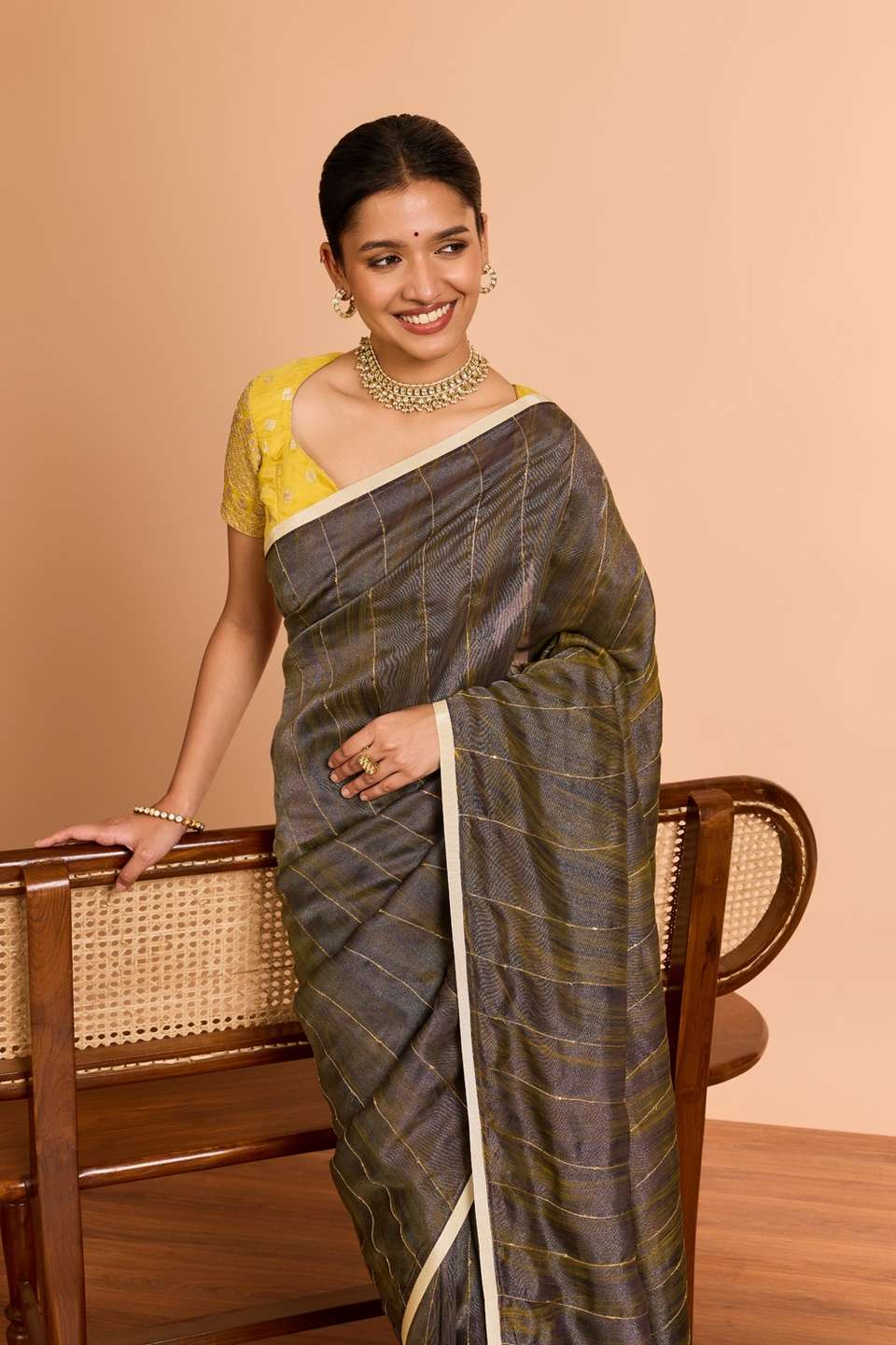 Brown  Pure Tissue Organza Hand Painted Embroidered Saree