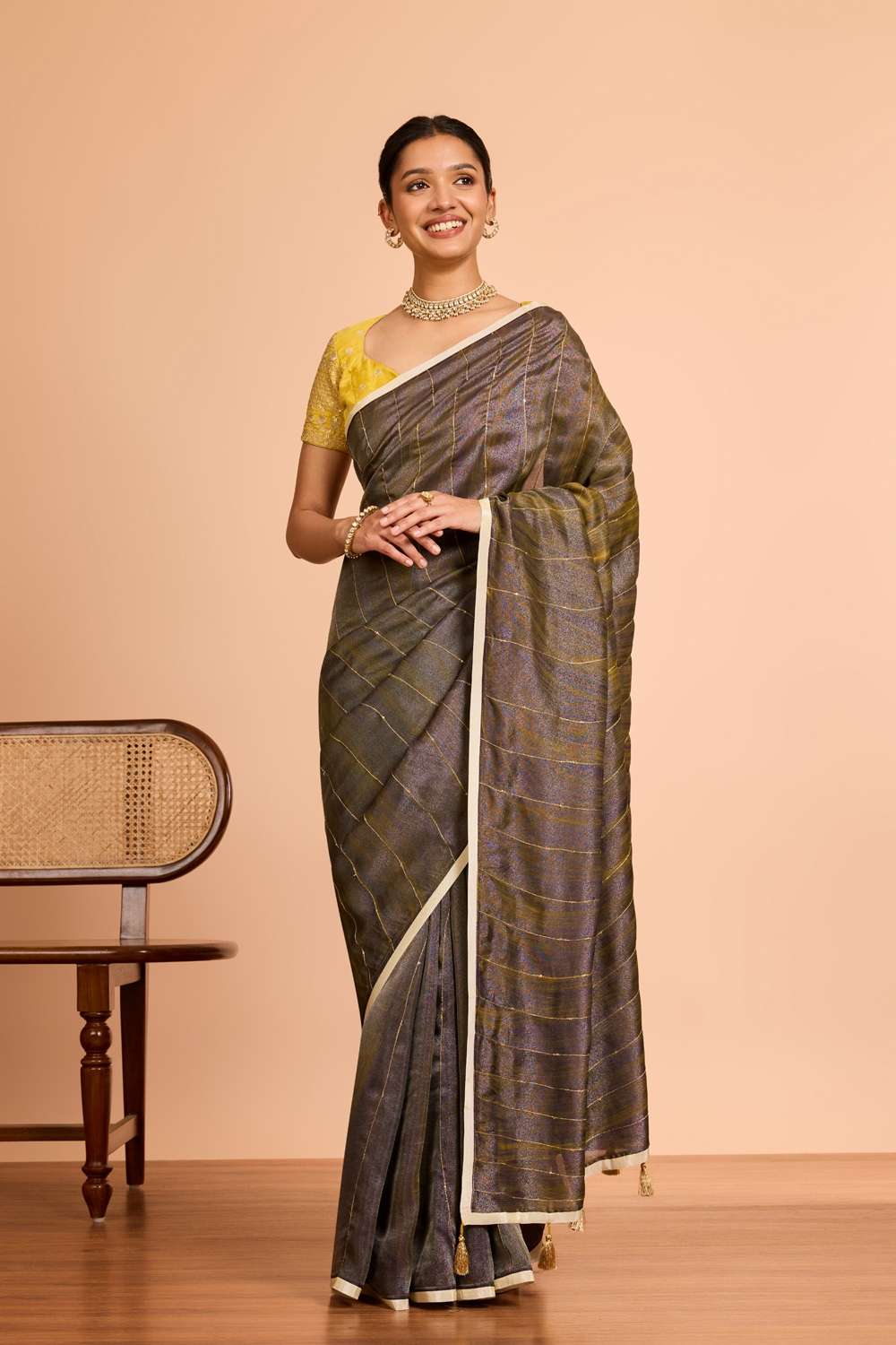 Brown  Pure Tissue Organza Hand Painted Embroidered Saree image number null