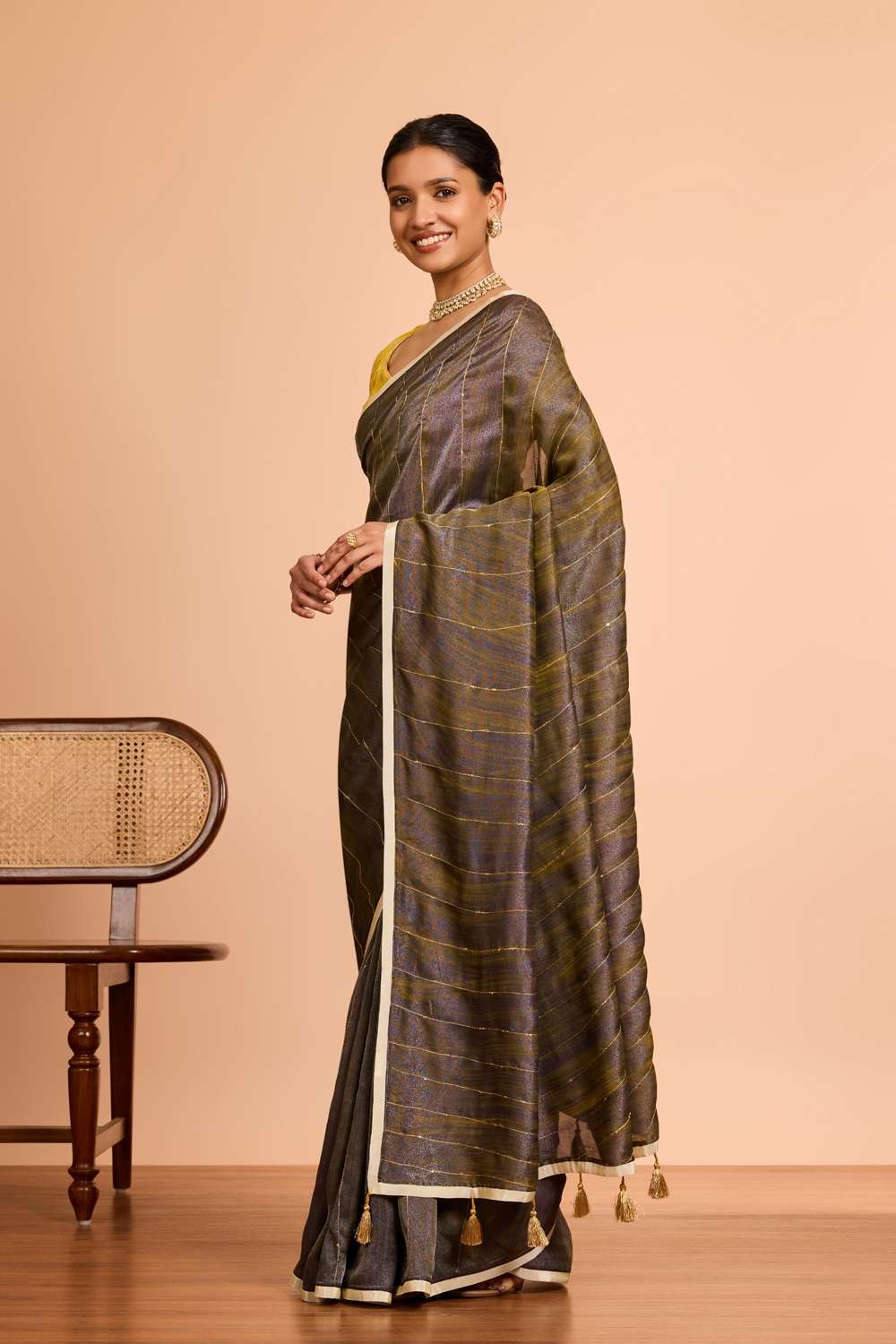 Brown  Pure Tissue Organza Hand Painted Embroidered Saree image number null