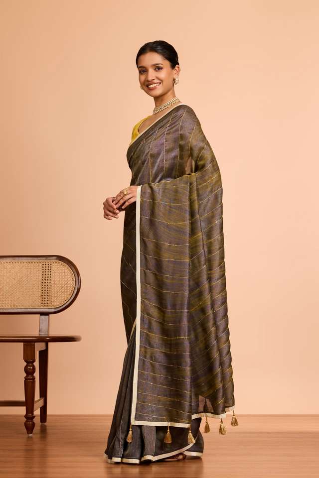 Brown  Pure Tissue Organza Hand Painted Embroidered Saree thumbnail image number null