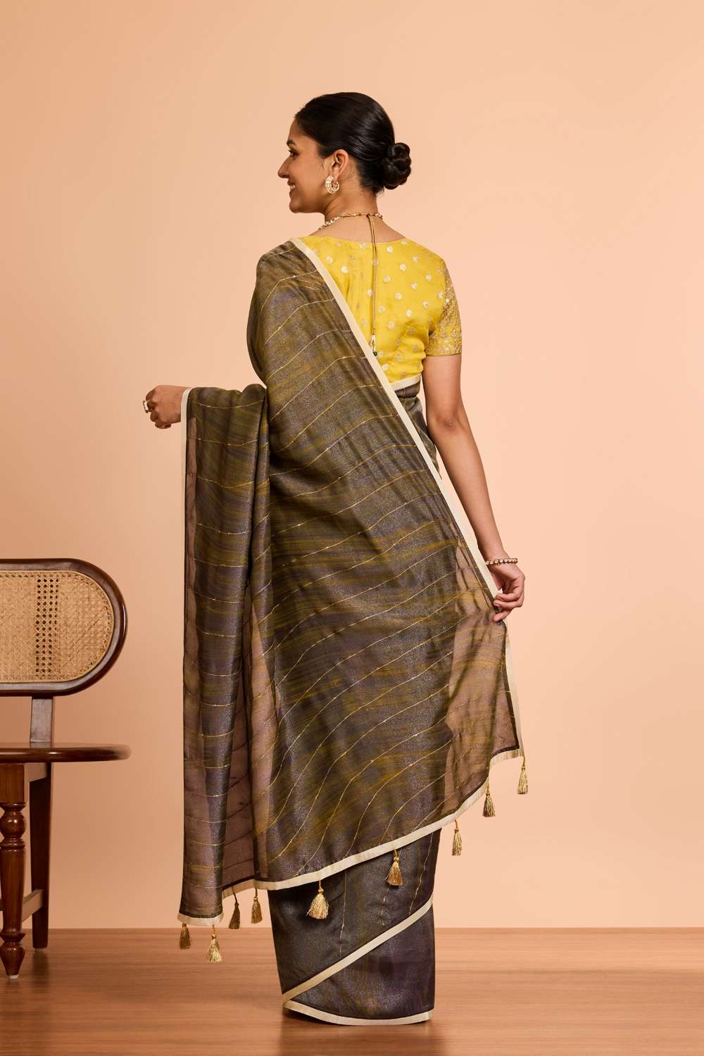 Brown  Pure Tissue Organza Hand Painted Embroidered Saree image number null