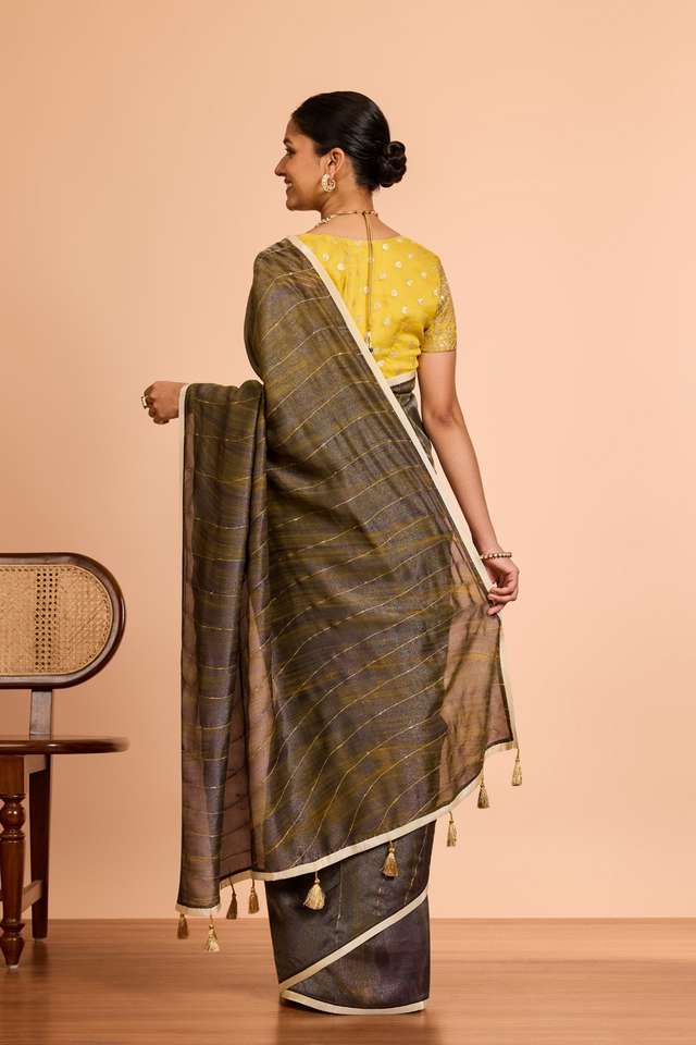 Brown  Pure Tissue Organza Hand Painted Embroidered Saree thumbnail image number null