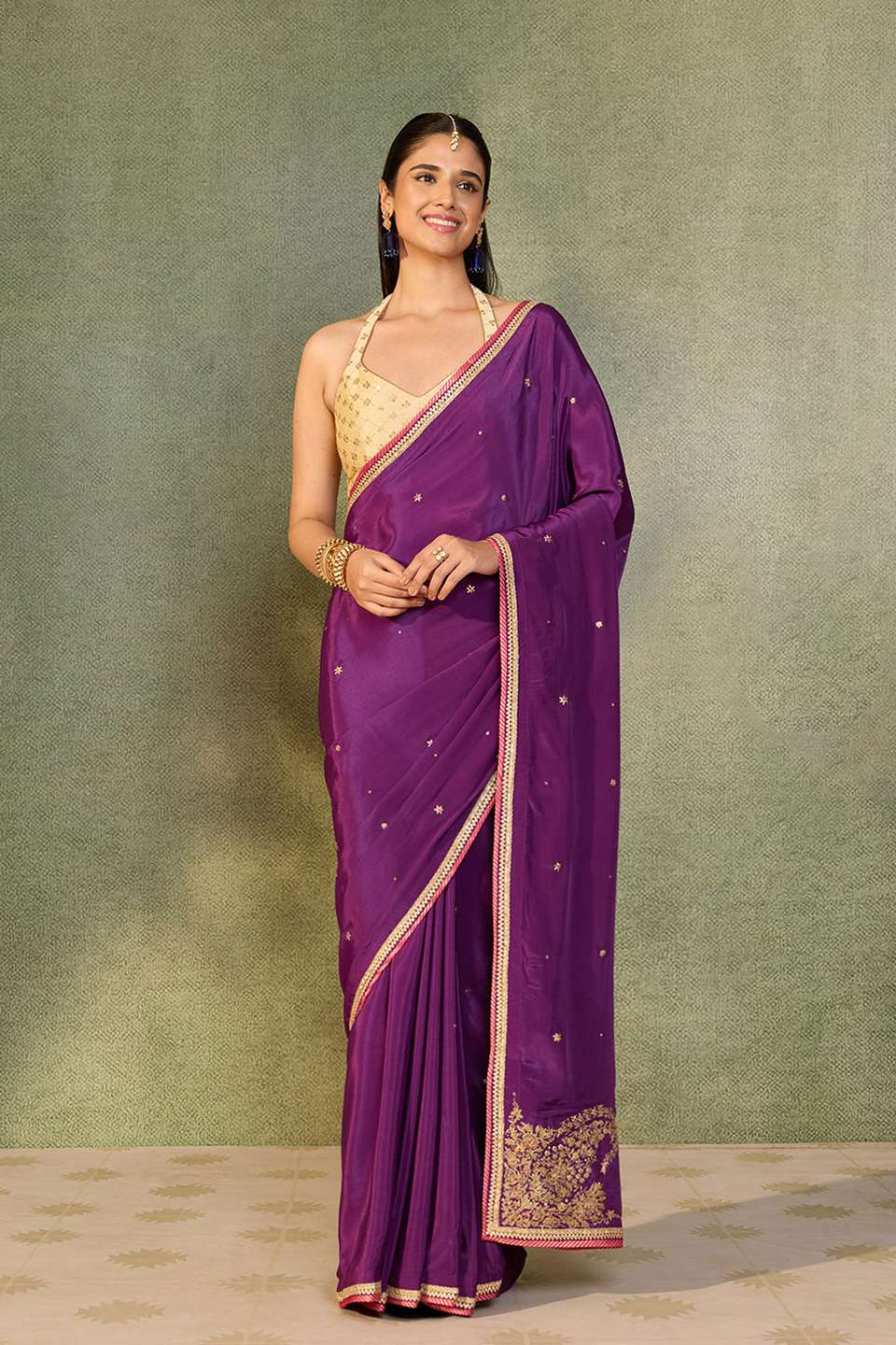 Violet Embroidered Viscose Crepe Saree