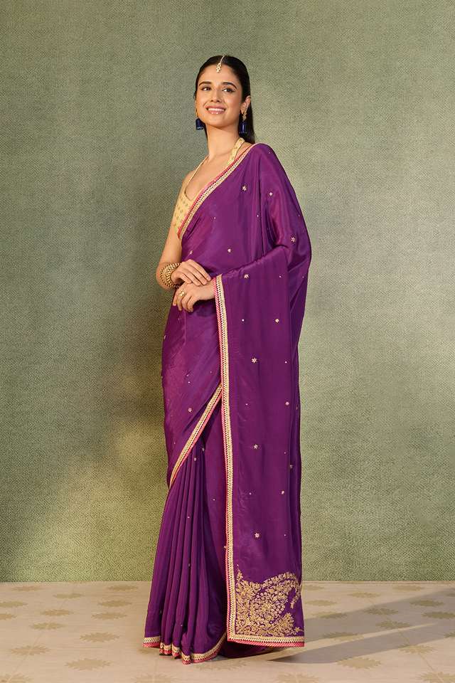 Violet Embroidered Viscose Crepe Saree thumbnail image number null
