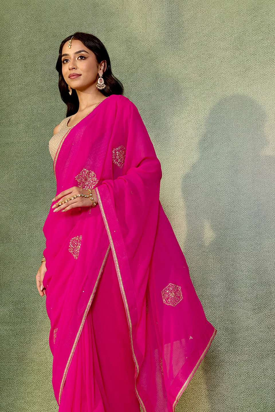 Pink Embroidered Viscose Georgette Saree