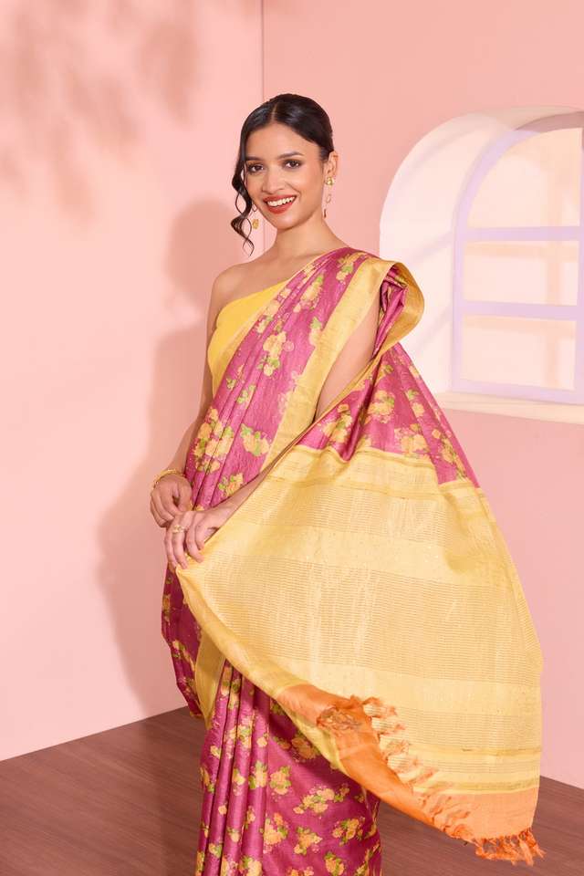 Purple Bengal Pure Tussar Silk Printed Mukaish Saree thumbnail image number null