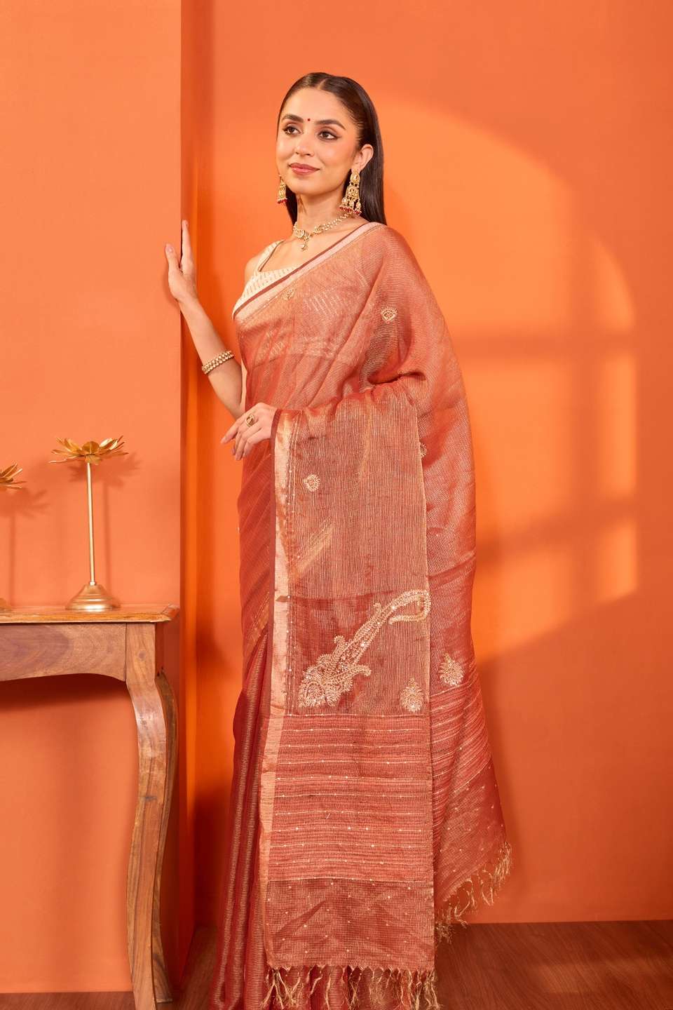 Red Zardozi Pure Tissue Cotton Bengal Saree