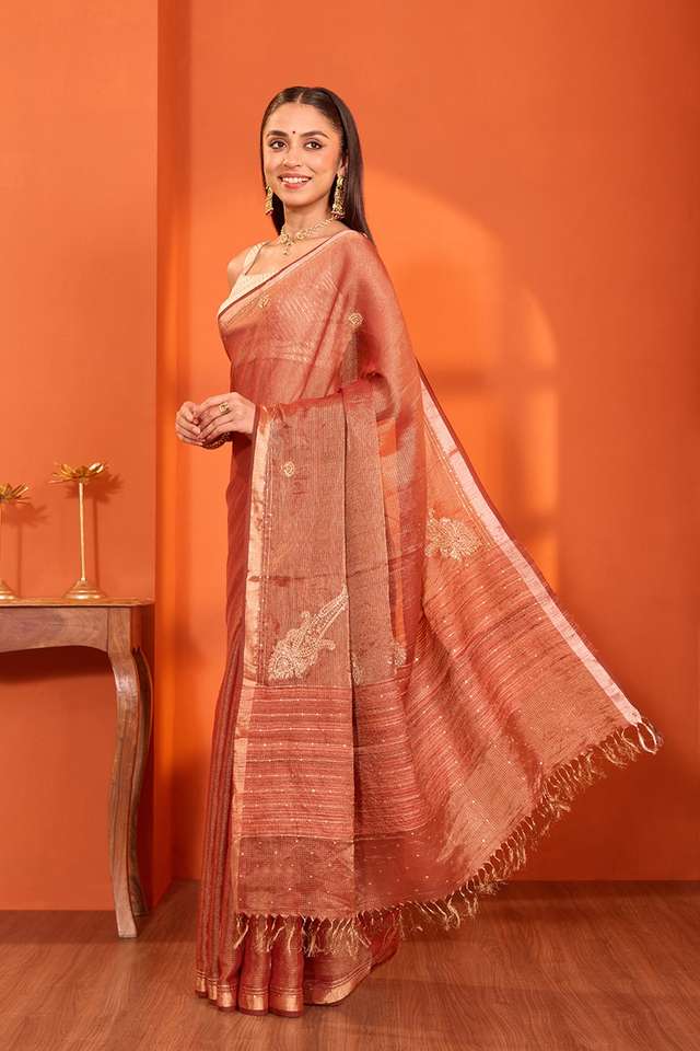 Red Zardozi Pure Tissue Cotton Bengal Saree thumbnail image number null