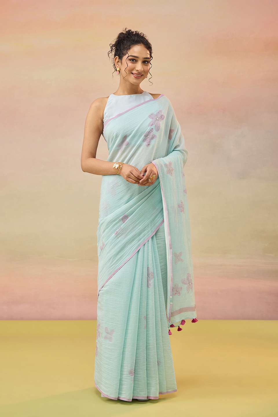Light Blue Bengal Pure Silk Cotton Hand Painted Embroidered Saree