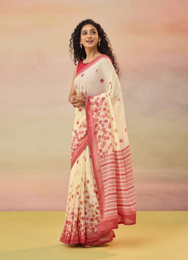 Light Yellow Pure Cotton Mulmul Screen Printed Bengal Saree thumbnail image number null
