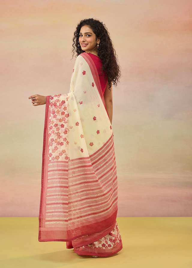 Light Yellow Pure Cotton Mulmul Screen Printed Bengal Saree thumbnail image number null