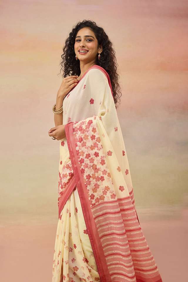 Light Yellow Pure Cotton Mulmul Screen Printed Bengal Saree thumbnail image number null
