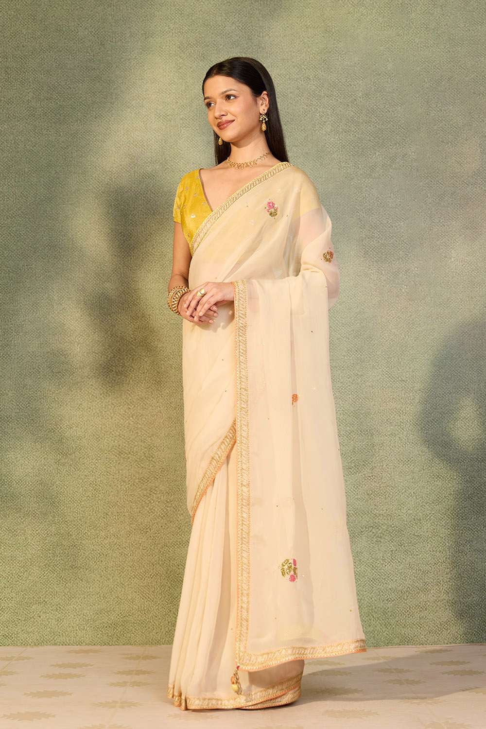 Off White Viscose Organza Embroidered Saree image number null