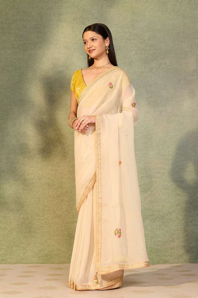 Off White Viscose Organza Embroidered Saree thumbnail image number null