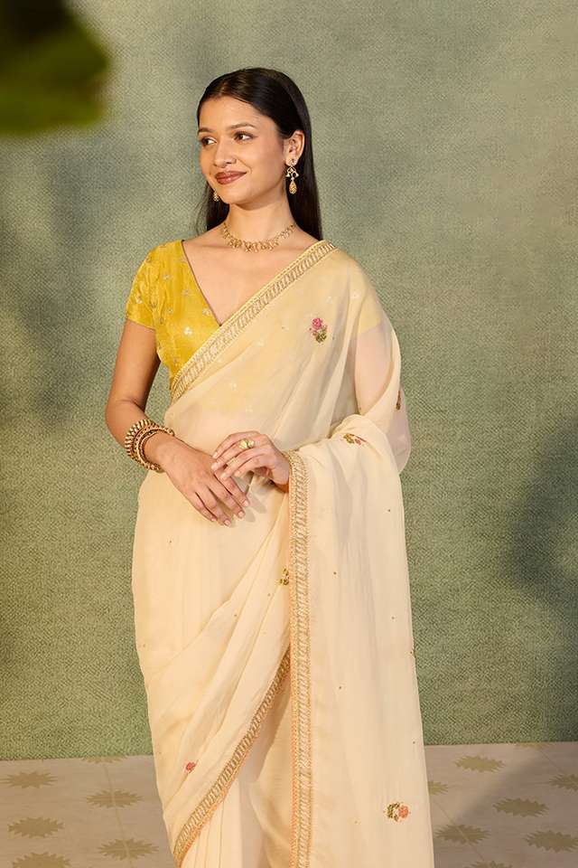 Off White Viscose Organza Embroidered Saree thumbnail image number null