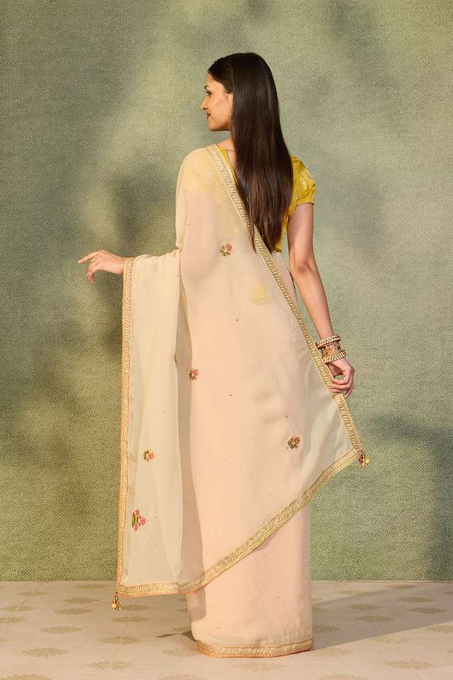 Off White Viscose Organza Embroidered Saree thumbnail image number null