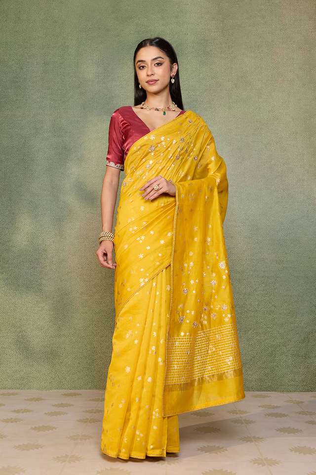 Yellow Pure Silk Cotton Embroidered Saree thumbnail image number null