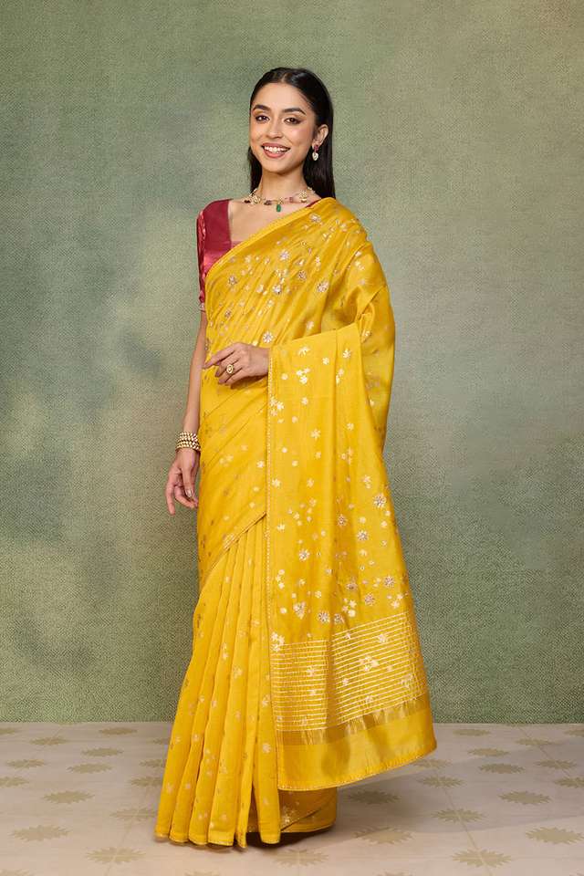 Yellow Pure Silk Cotton Embroidered Saree thumbnail image number null
