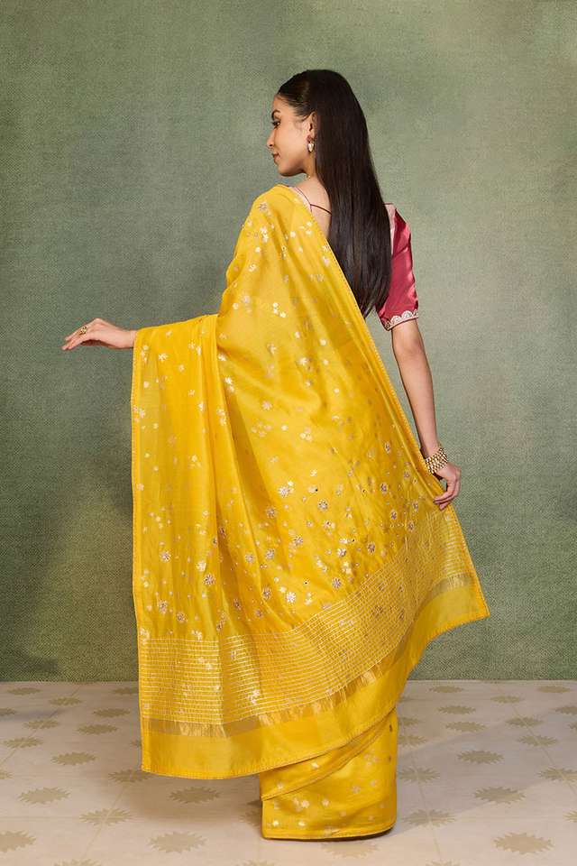 Yellow Pure Silk Cotton Embroidered Saree thumbnail image number null
