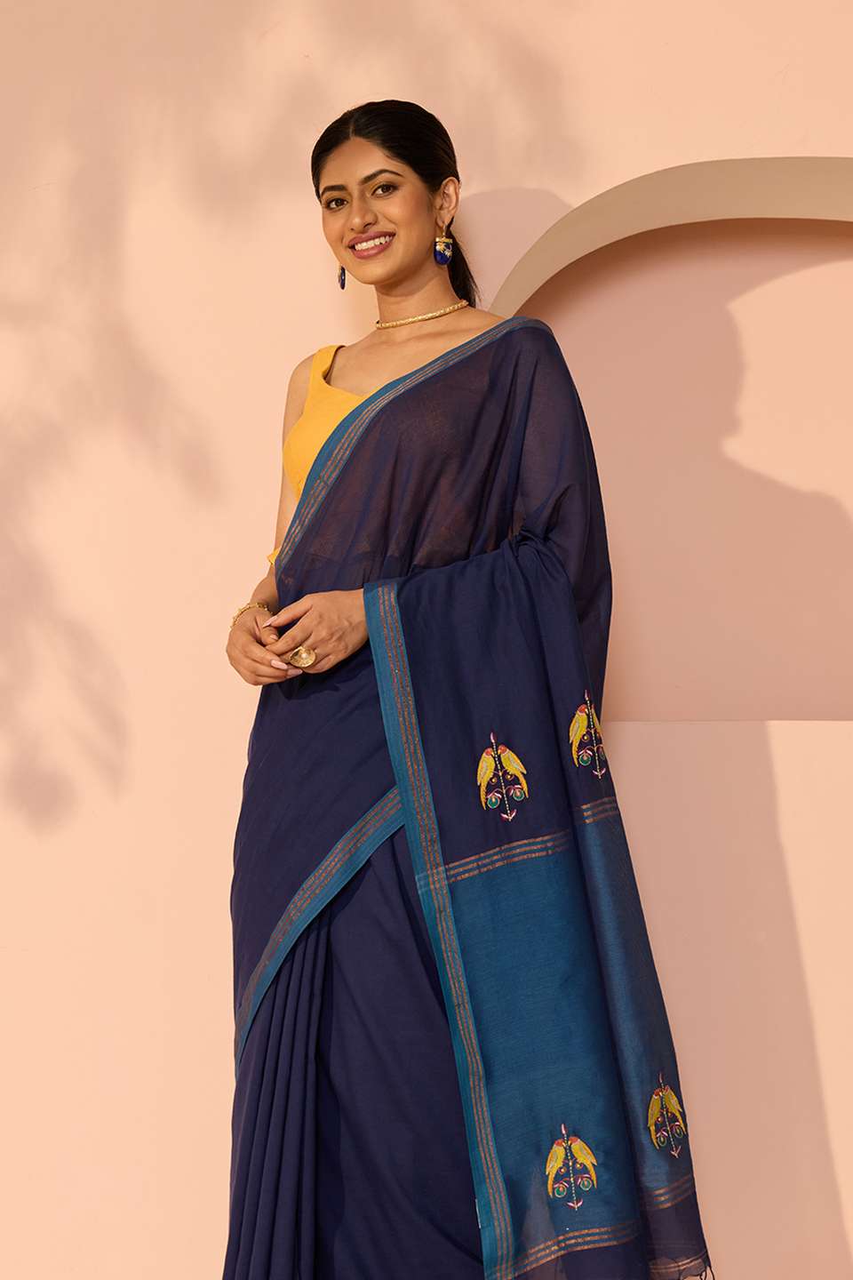 Dark Blue Bengal Pure Cotton Embroidery Saree