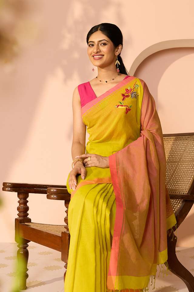 Light Green Bengal Pure Cotton Embroidered Saree image number