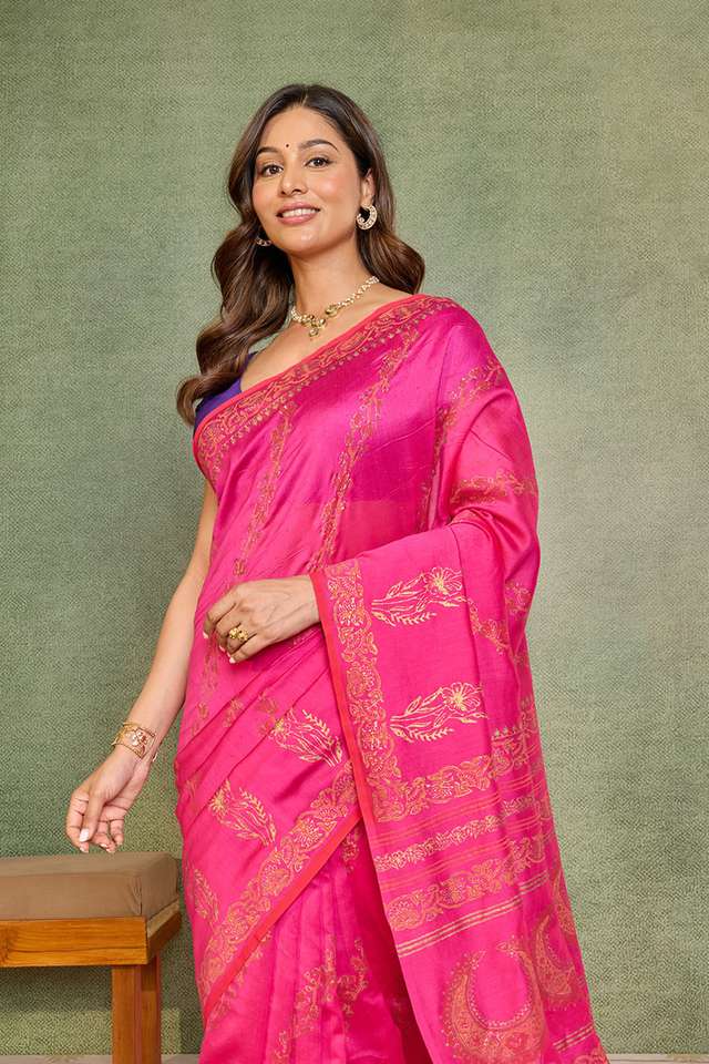 Dark Pink Pure Silk Cotton Block Printed Bengal Saree image number