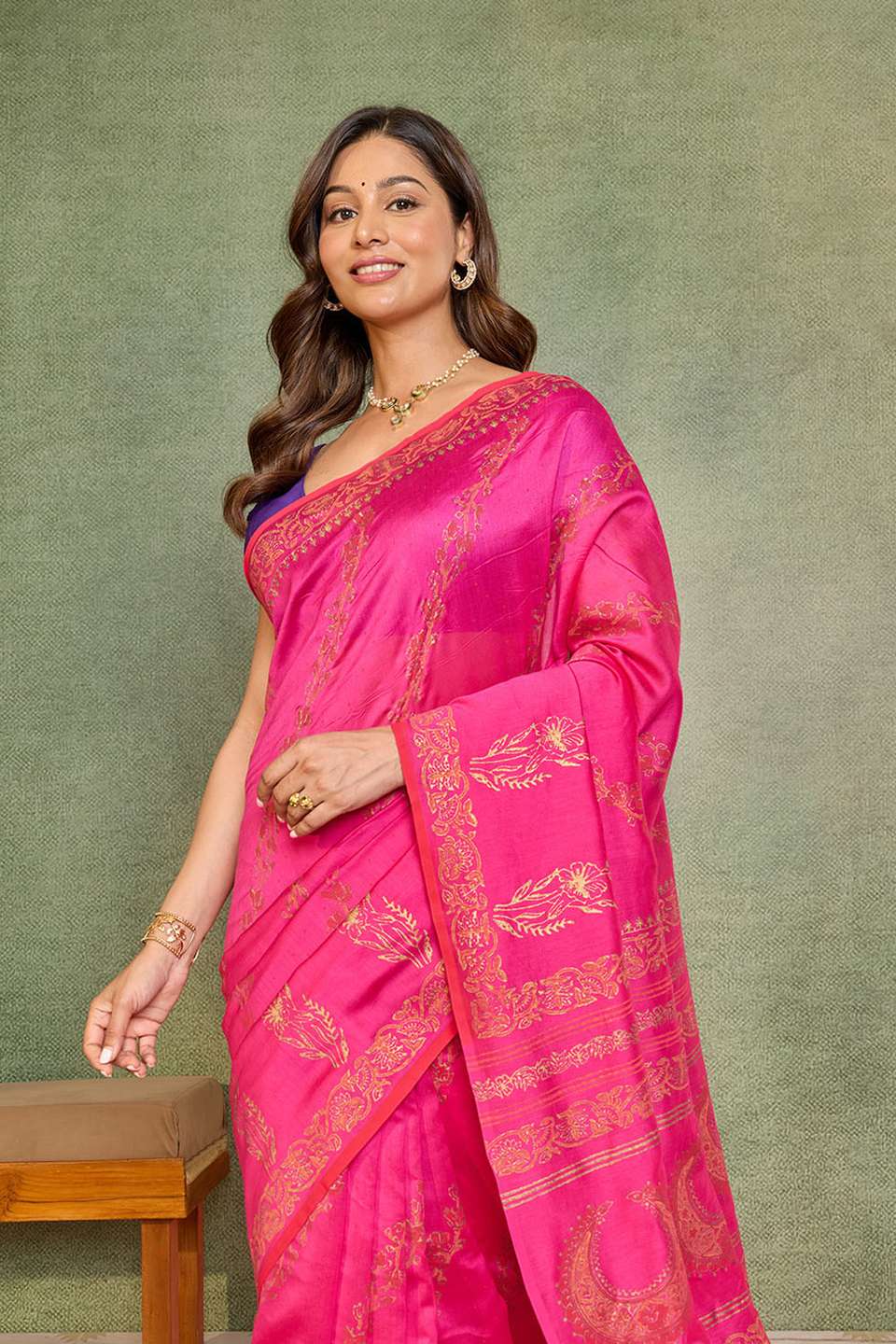 Dark Pink Pure Silk Cotton Block Printed Bengal Saree