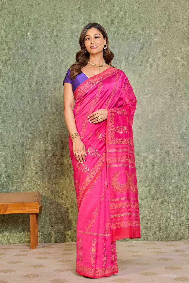 Dark Pink Pure Silk Cotton Block Printed Bengal Saree thumbnail image number null